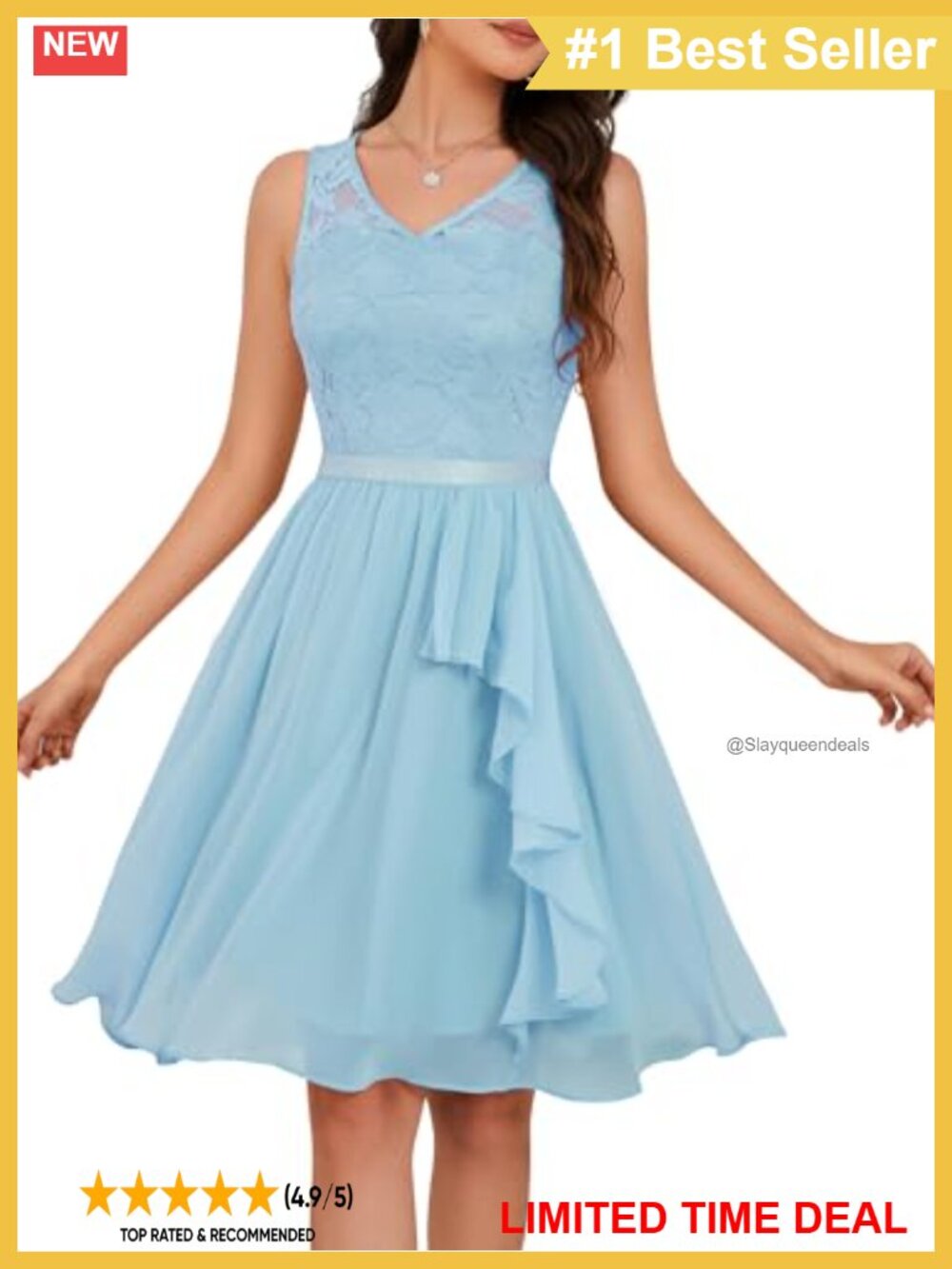 Lace Chiffon Cocktail Dress V-Neck Ruffle Hem Sleeveless Party Formal